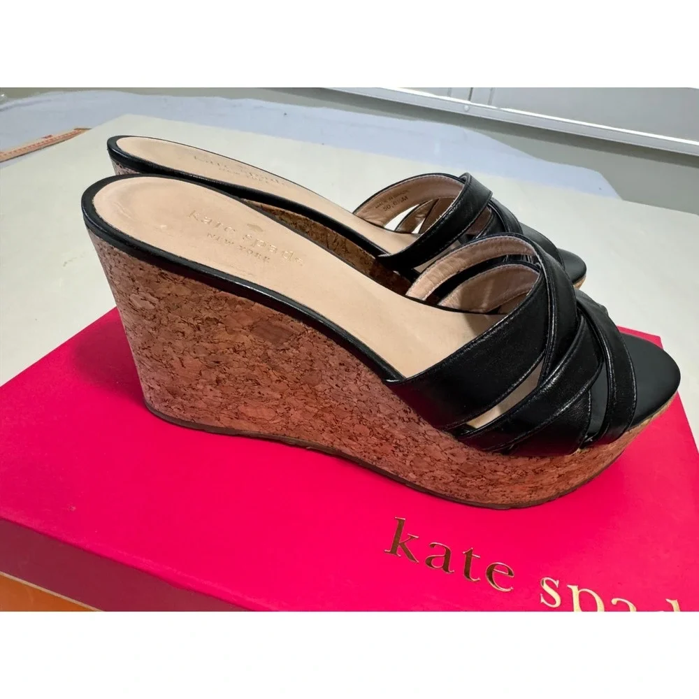 Kate Spade 6.5 Black Wedge Espadrilles Cork Leather Slide Mule Sandal Talcott